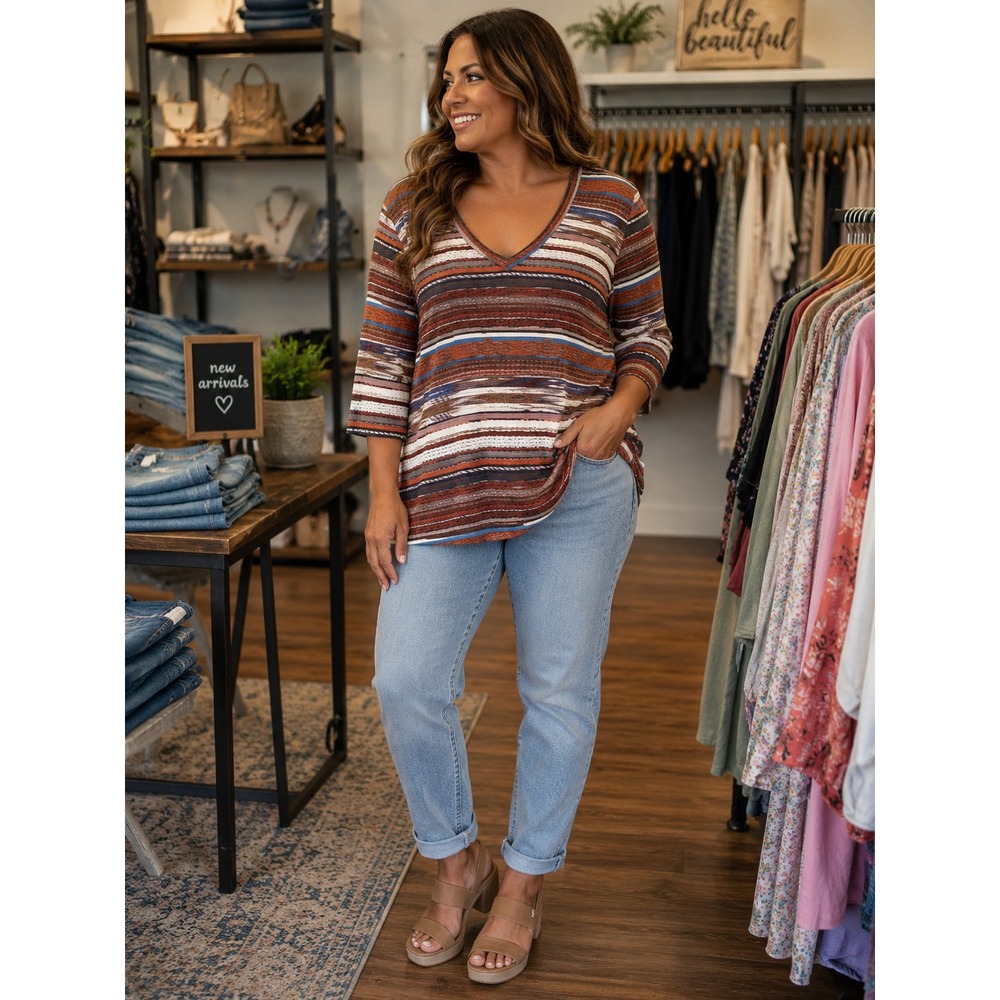 Piphany Womens 2X Multi Color Southwestern Stripe V-Neck 3/4 Sleeve Tunic Top